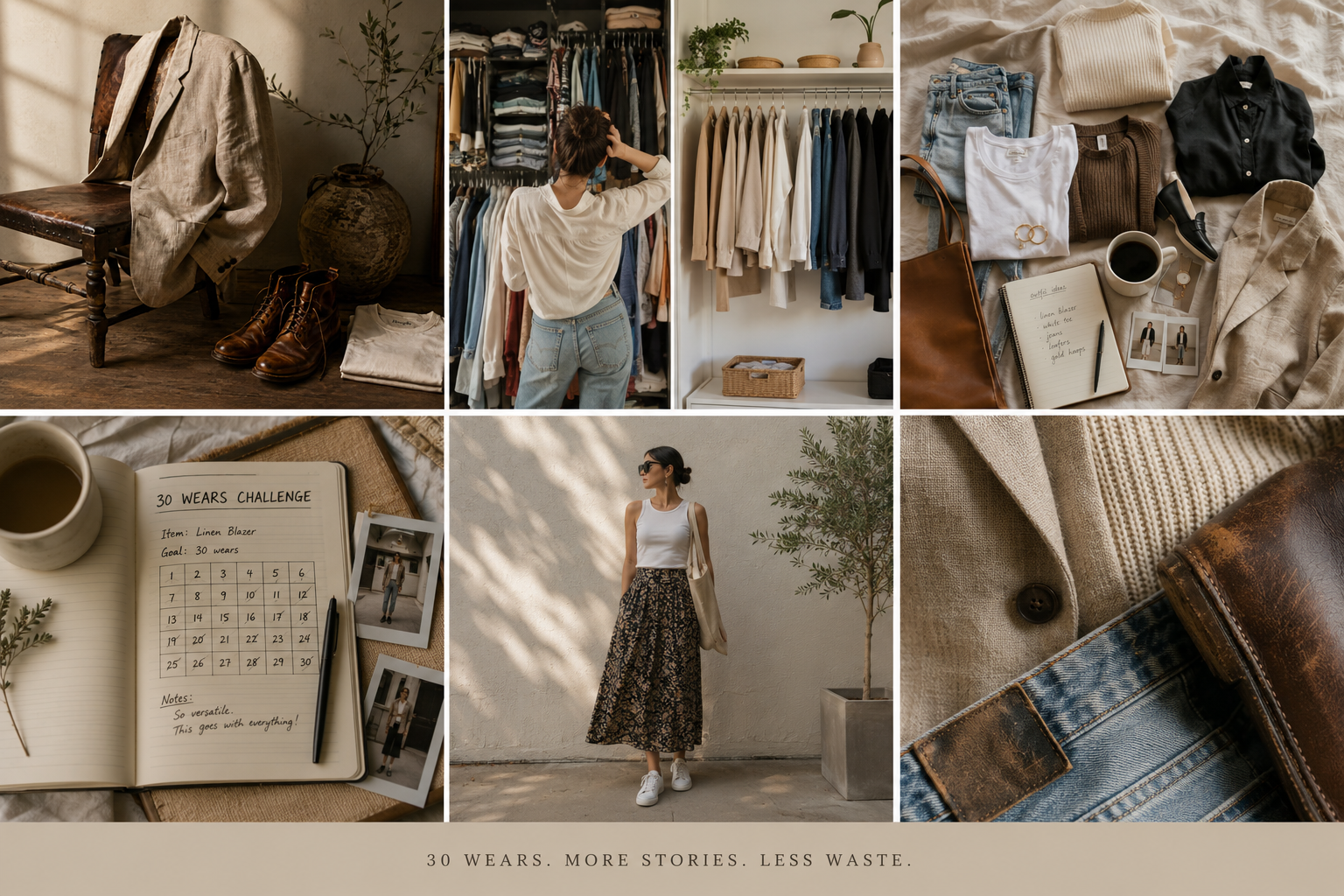 Flat-lay collage of wardrobe, outfit journal, and 30 Wears Challenge tracker — 30 Wears. More Stories. Less Waste.