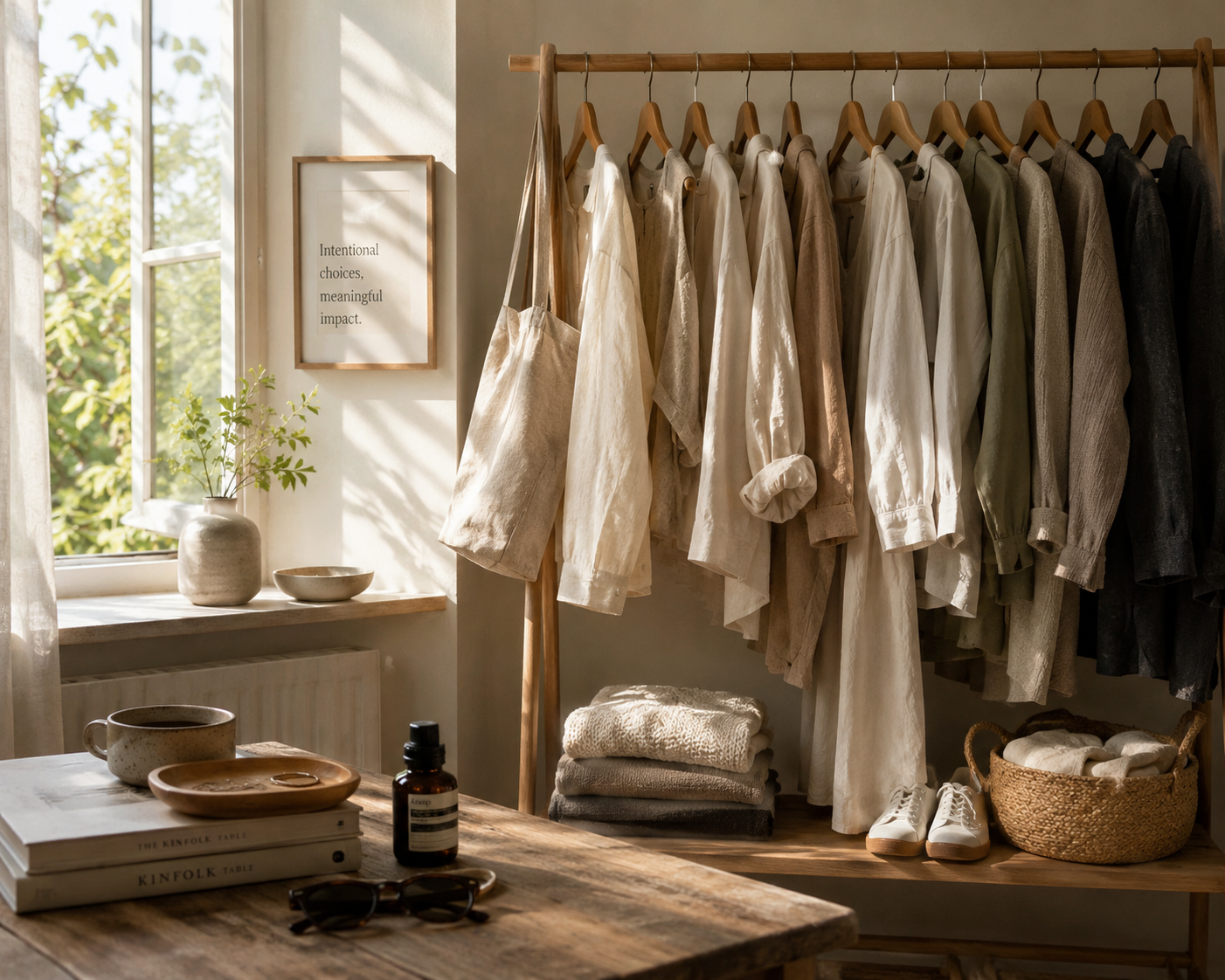 A clothing rack with neatly hung neutral linen and cotton garments in a sunlit room