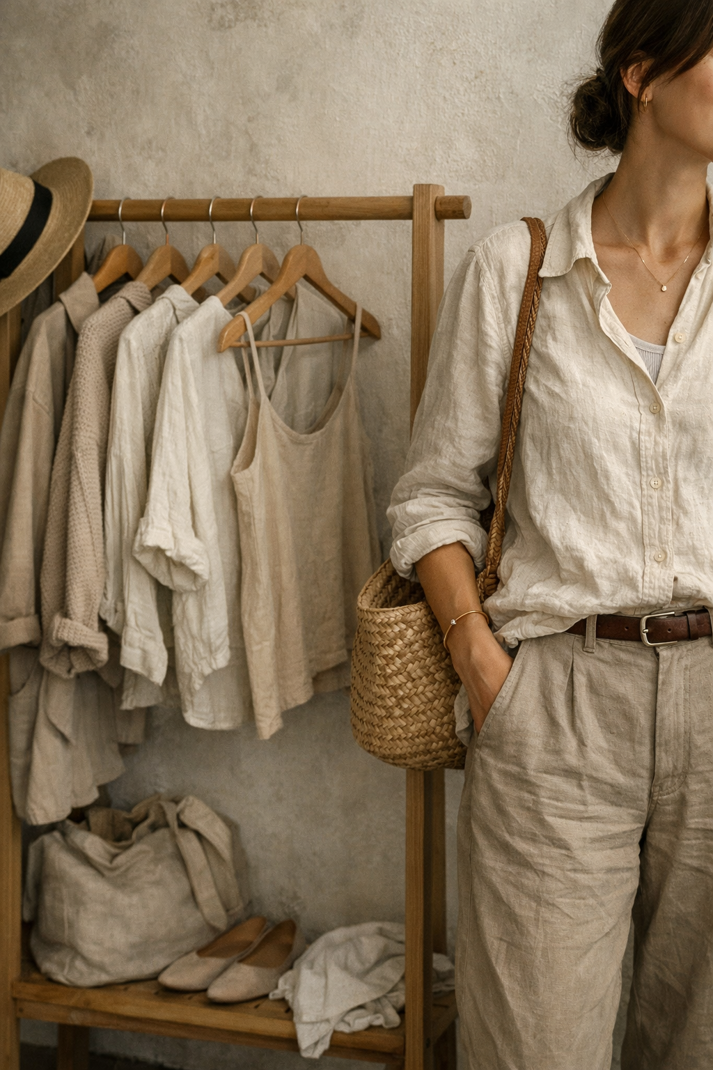 Woman in linen shirt next to a natural-toned clothing rack