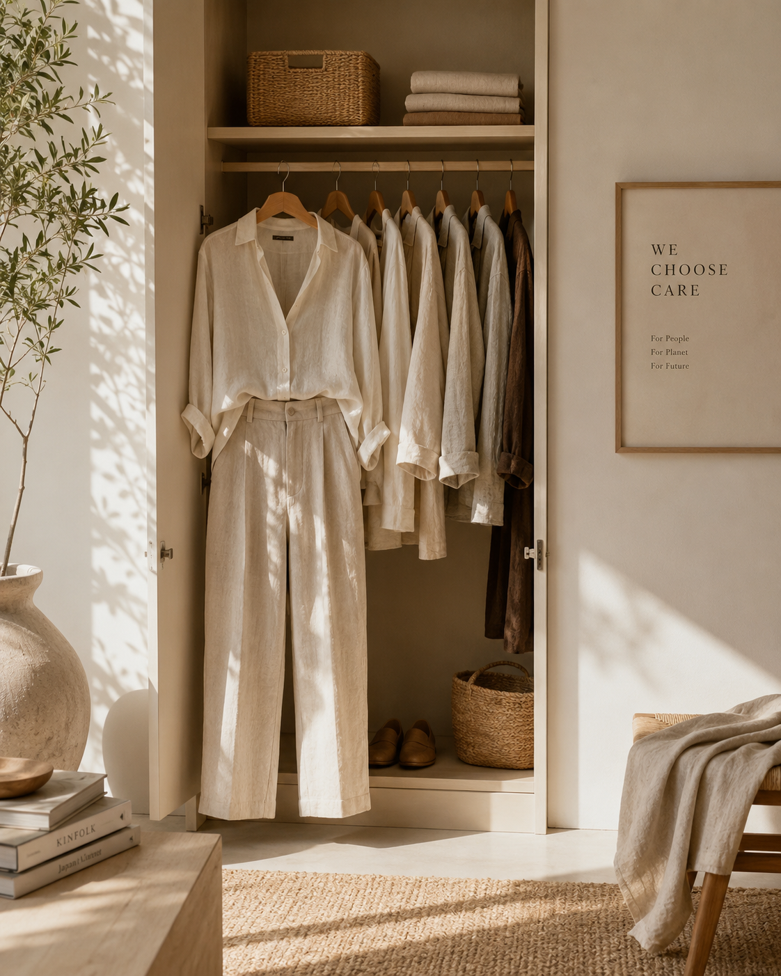 An open wardrobe with neatly hung neutral linen clothes and a 'We Choose Care' poster on the wall