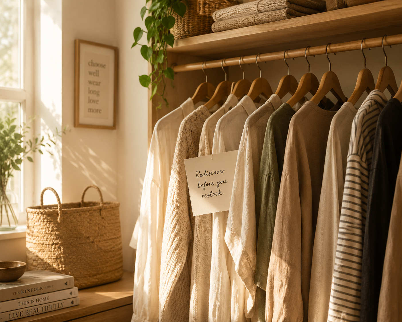 A neatly organized closet of clothes ready to be rediscovered before shopping online