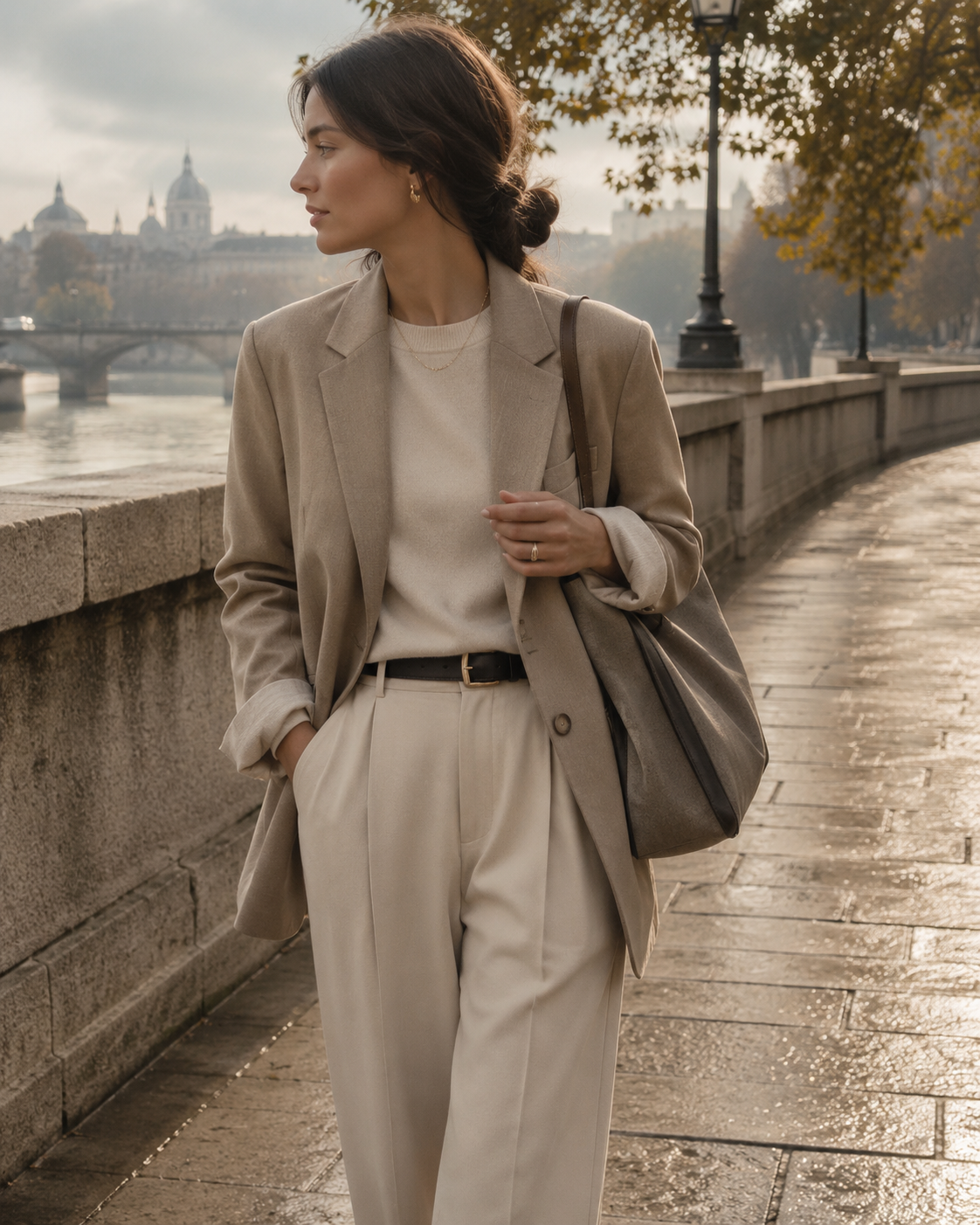 Woman in a tailored beige blazer and wide-leg trousers walking along the Seine in Paris