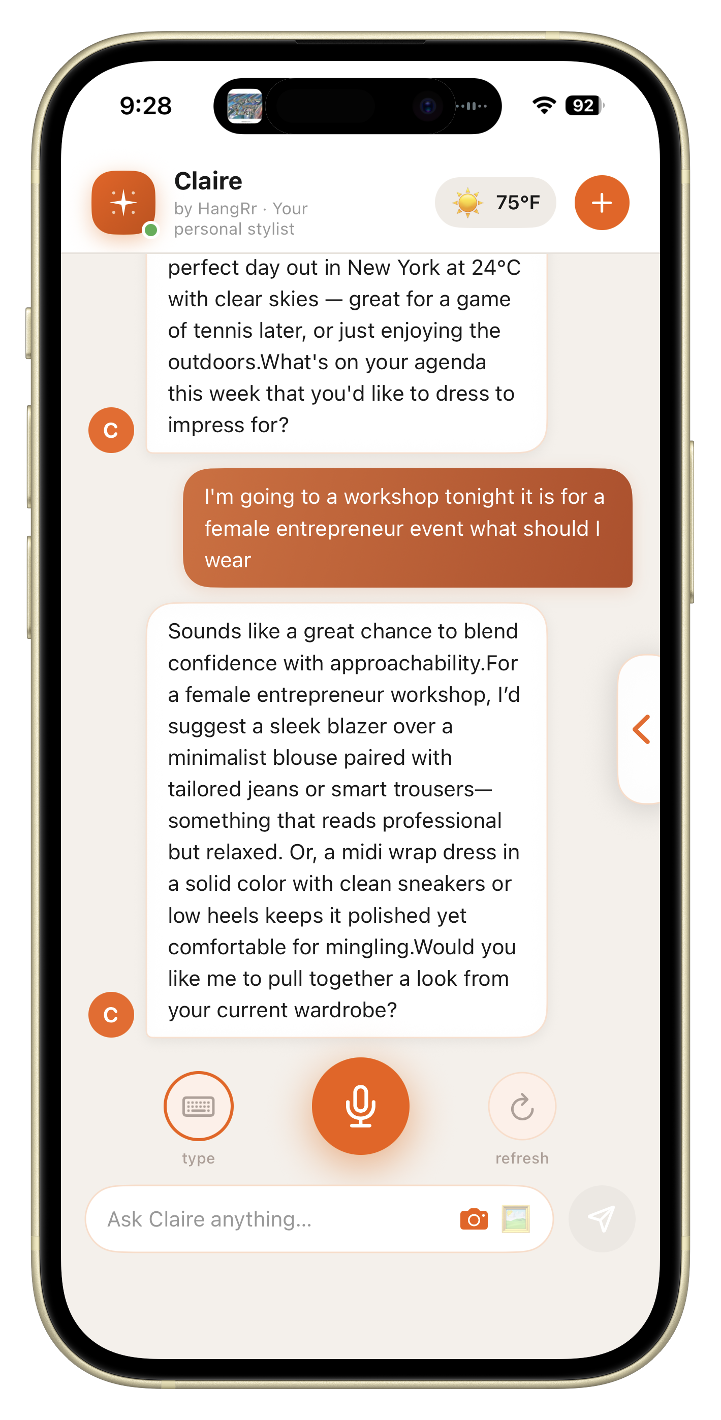 Claire AI stylist chat screen